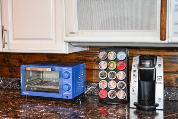 Coffee station and countertop oven in the kitchen